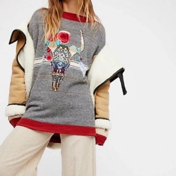 💕FREE PEOPLE💕 Desert Rose Sweater Embroidered Longhorn Colorblock Knit Medium - Picture 5 of 15